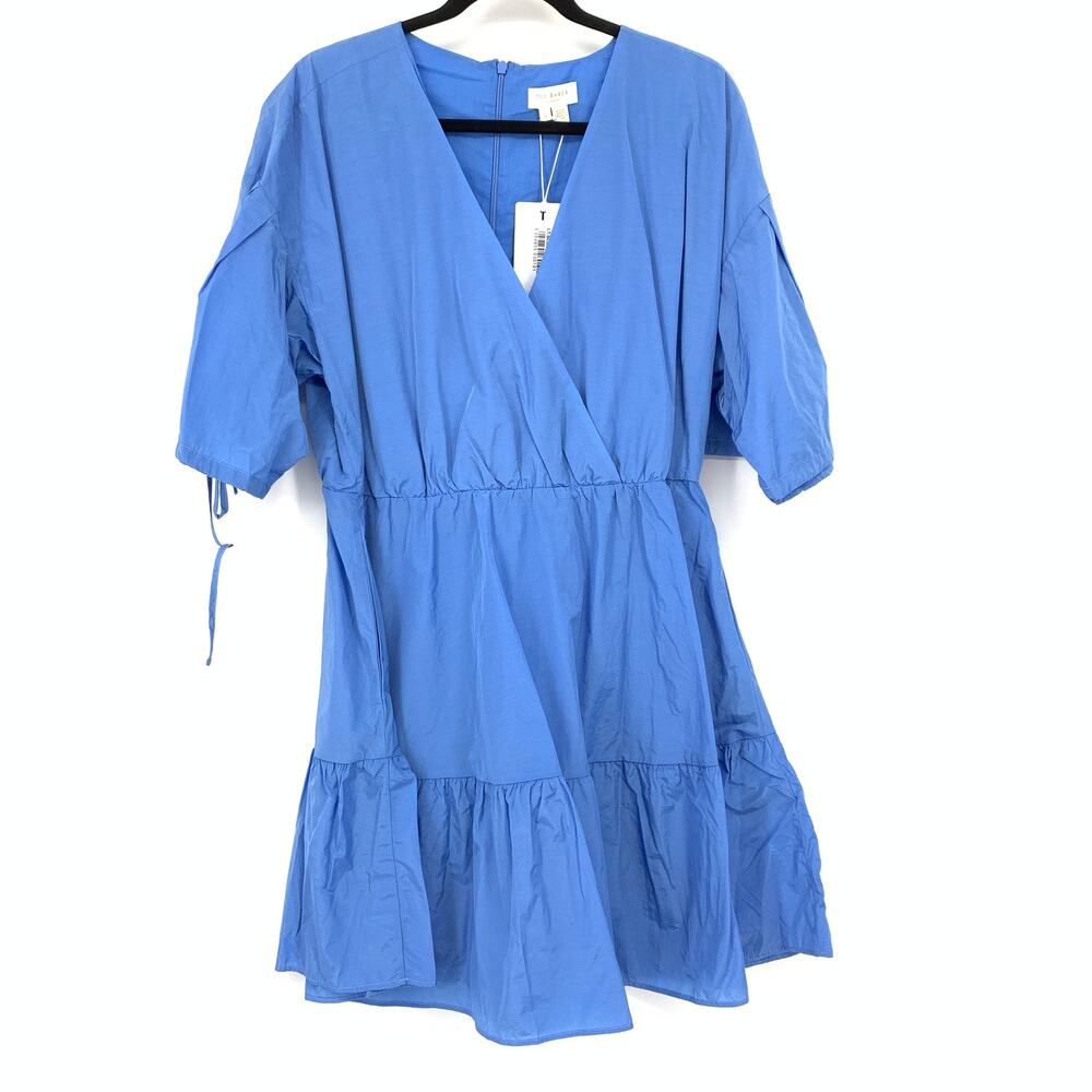 Ted Baker Exaggerated Sleeve Wrap Mini Dress Womens Size 5 US 10-12 Blue NEW